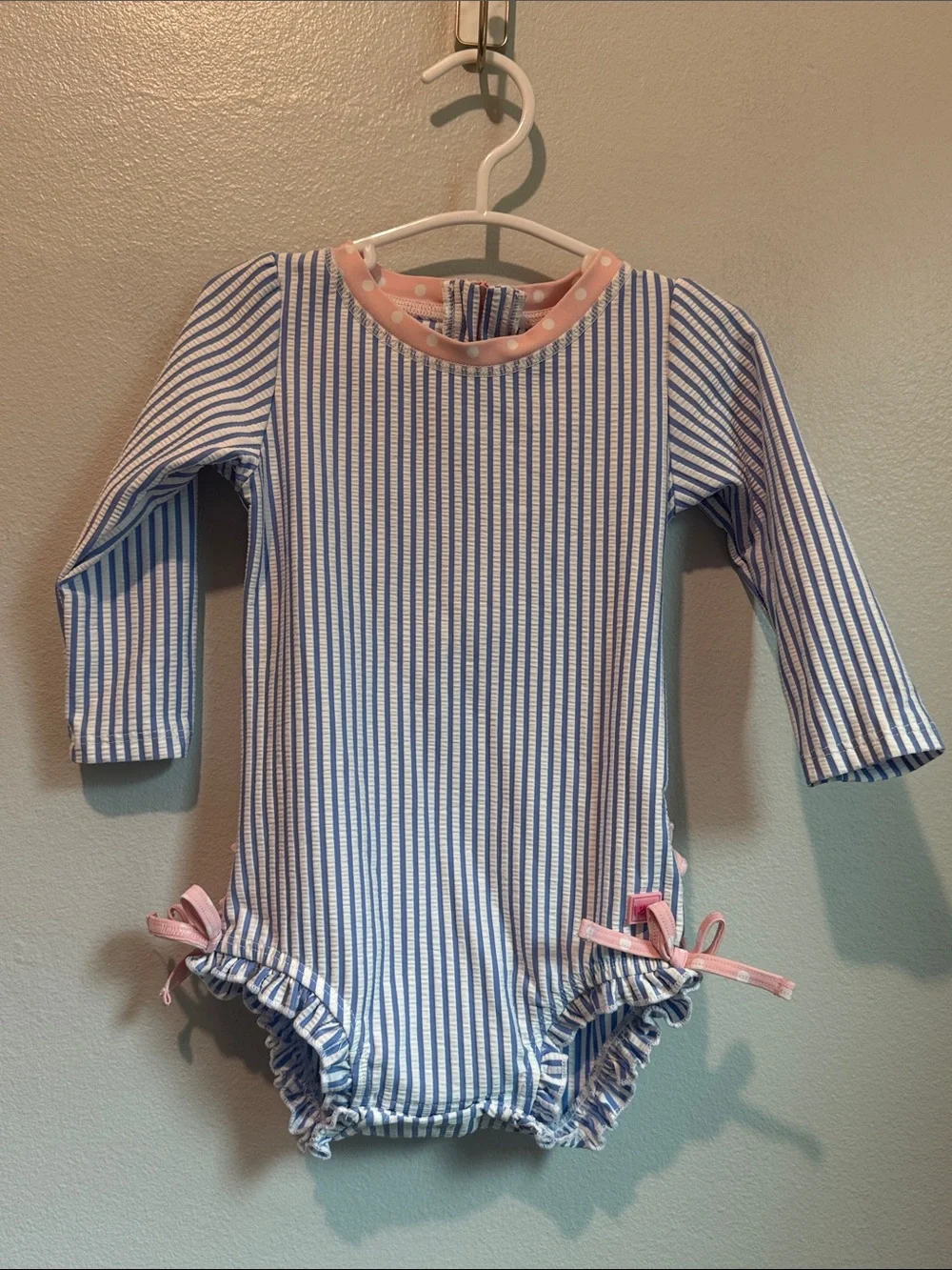 Ruffle Butts 12 - 18 Months Blue White Stripe Long Sleeve One Piece Pink Trim